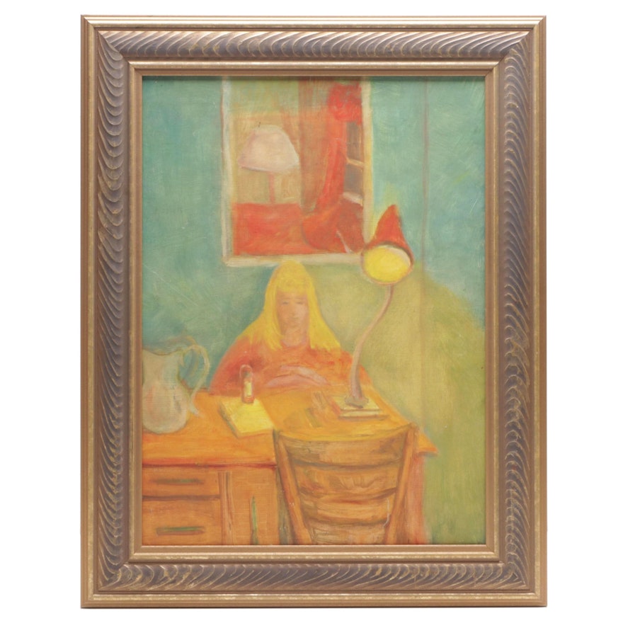 Jewell Haley Figural Oil Painting "Louise Reading," Mid-20th Century