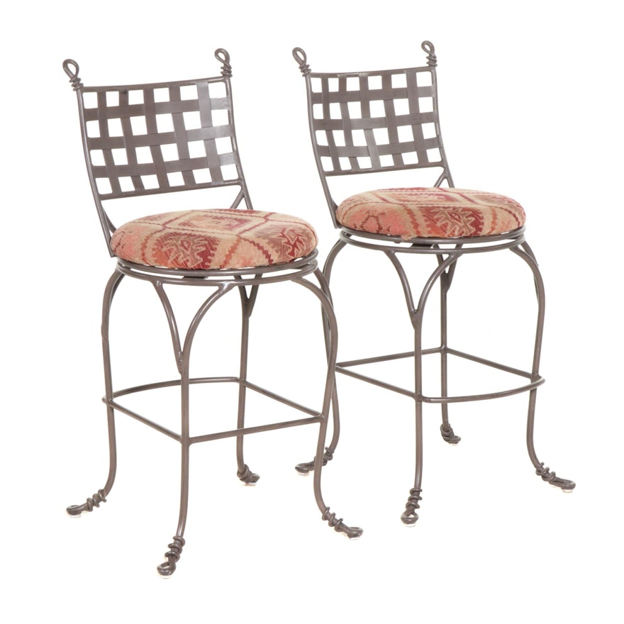 Pair of Contemporary Metal Lattice-Back Swivel Barstools