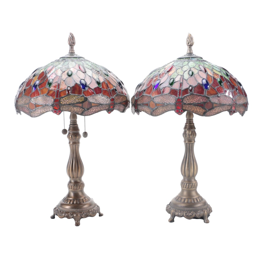 Pair of Dale Tiffany Metal and Stained Glass Dragonfly Table Lamps