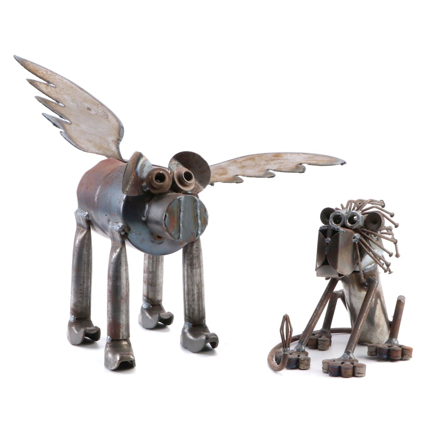 Found Metal Object Flying Pig Sculpture and Seated Lion Sculpture