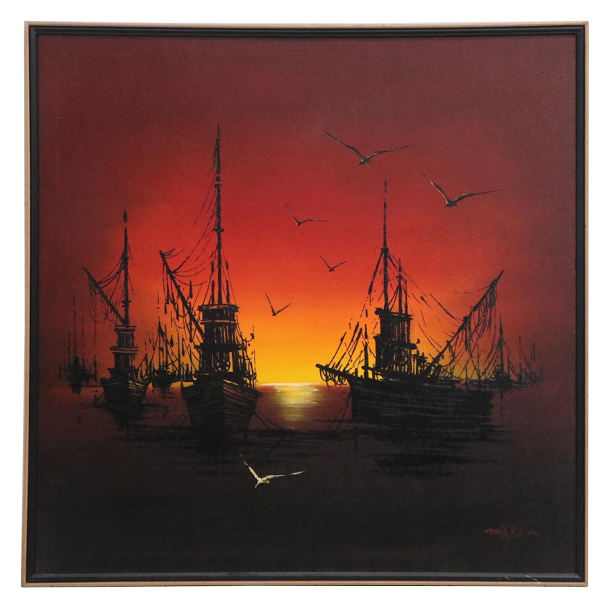 Nocturne Embellished Serigraph of Ships at Sea, Late 20th Century