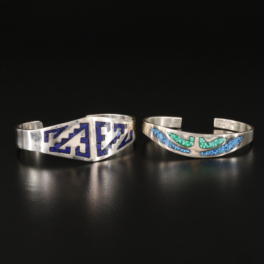 Taxco Sterling Silver Cuff Bracelets with Stone Inlay