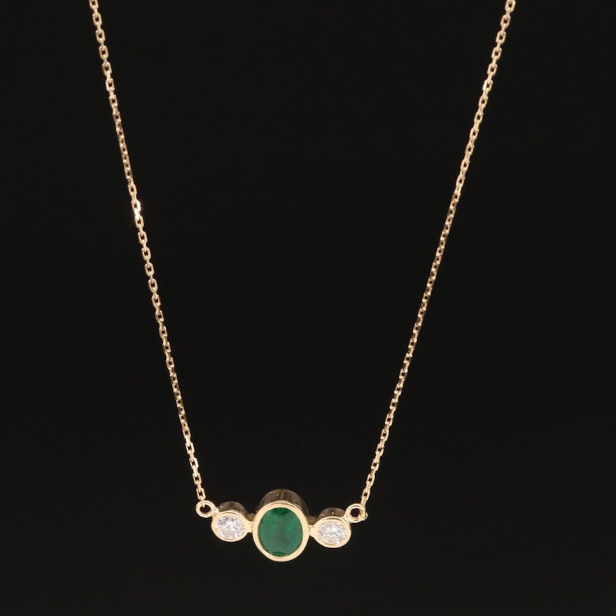 18K Bezel Set Emerald and Diamond Stationary Pendant Necklace