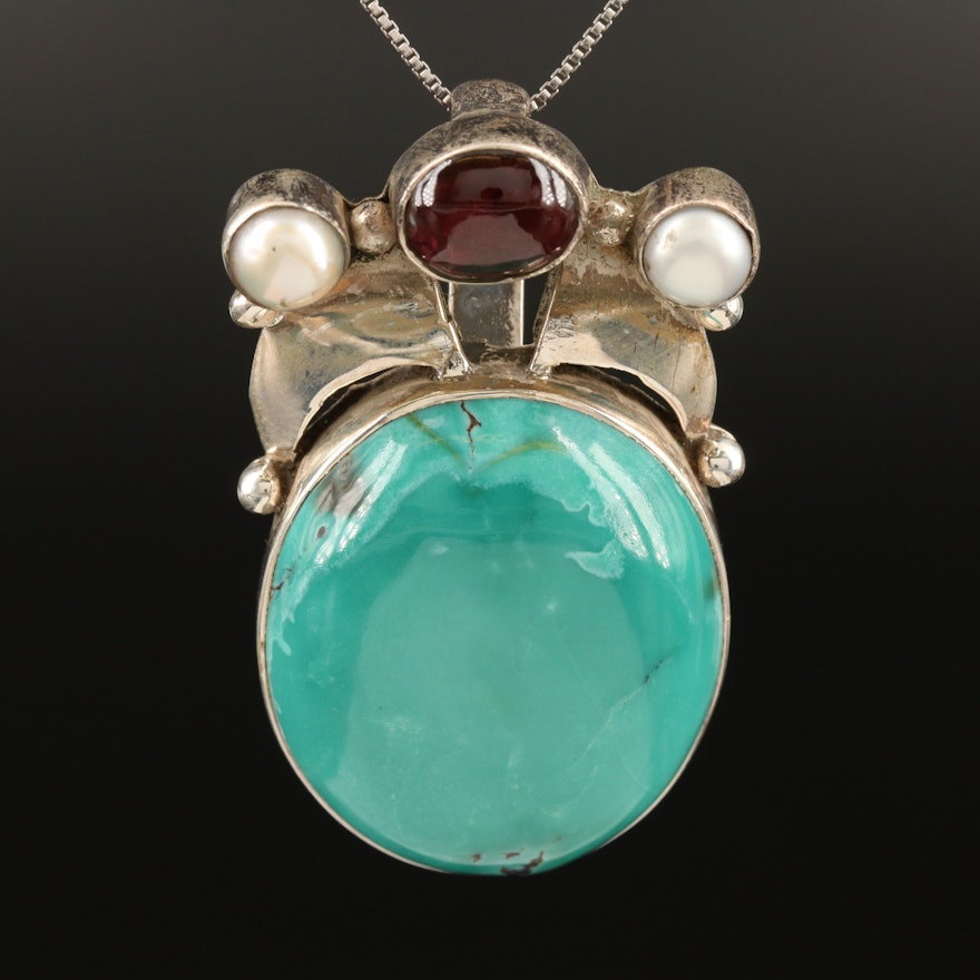 Sterling Turquoise, Garnet and Pearl Pendant Necklace