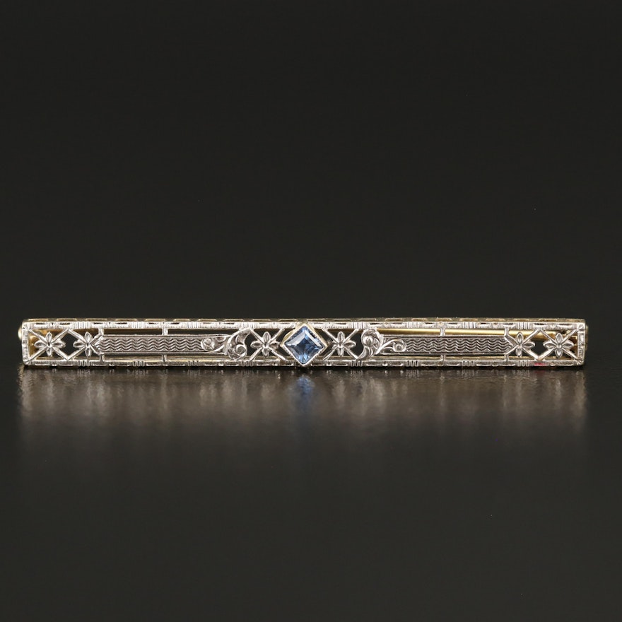 Art Deco Krementz 14K and Platinum Sapphire Bar Brooch