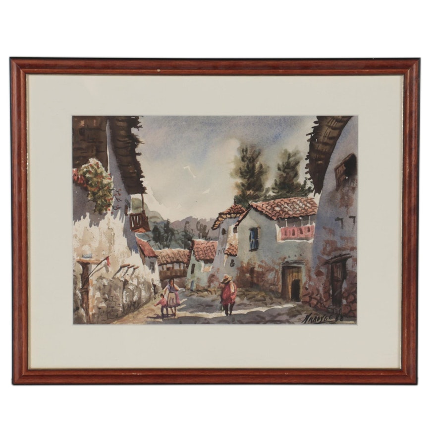 Peruvian Village Scene Watercolor Painting, 1988