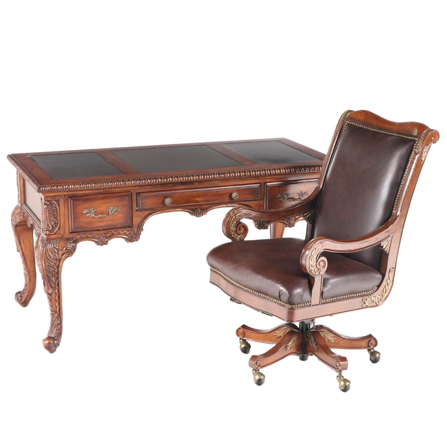 Louis XV Style Hardwood Writing Table and Desk Chair, Including Bradington-Young