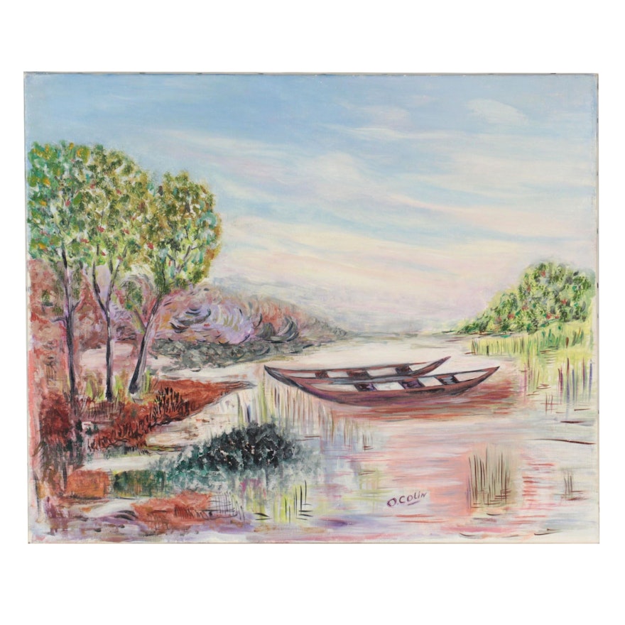 River Landscape Oil Painting, Late 20th Century