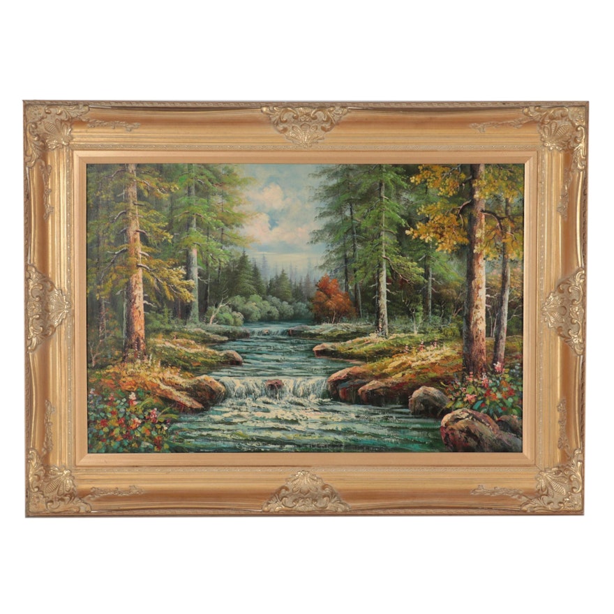 Landscape Oil Painting of Forest Riverbank, Circa 2000