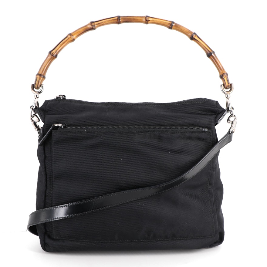 Gucci Bamboo Handle Two-Way Bag in Black Nylon and Leather