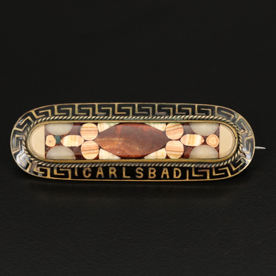 Victorian Calcite Souvenir "Carlsbad" Pietra Dura Bar Brooch