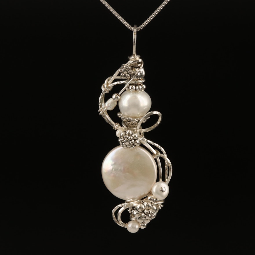 Italian Sterling Pearl Wire Wrapped Pendant Necklace