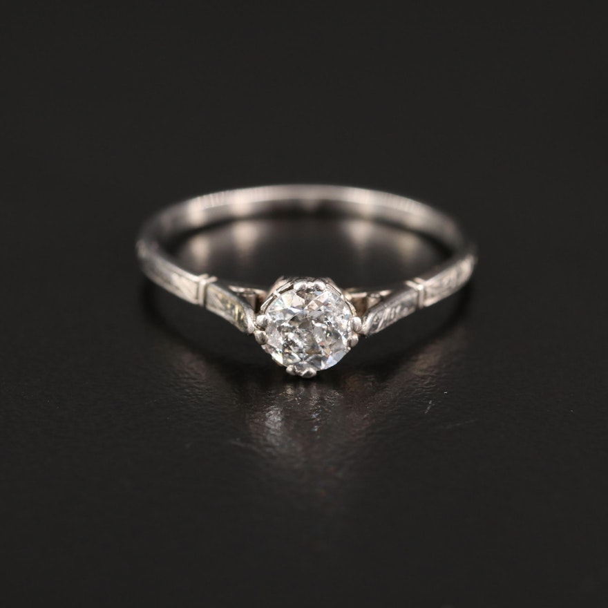 Antique Platinum Diamond Cathedral Ring with Engraved Details