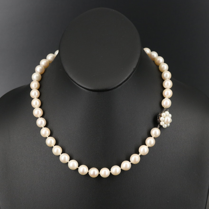 Pearl Choker Length Necklace with Sterling Pearl Floral Clasp