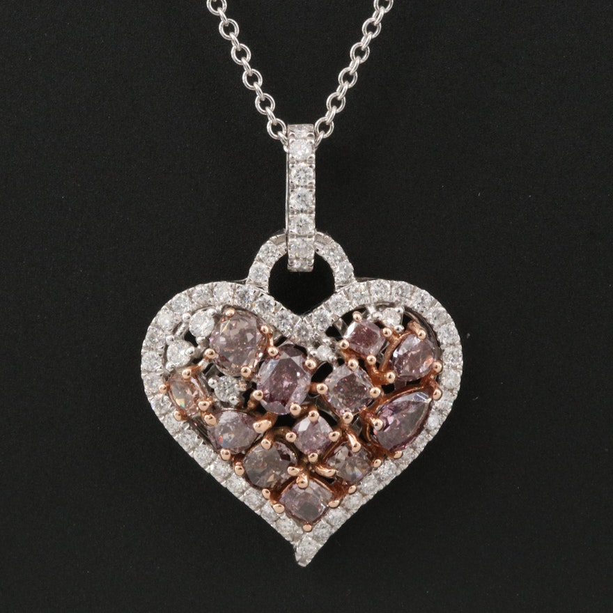 18K 2.23 CTW Diamond Cluster Heart Pendant on 14K Necklace with GIA Report