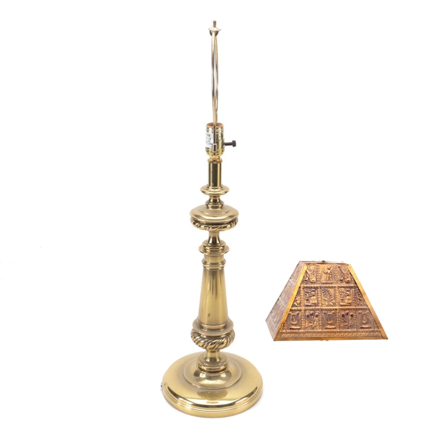 Stiffel Brass Table Lamp and Embossed Metal Shade, Late 20th Century