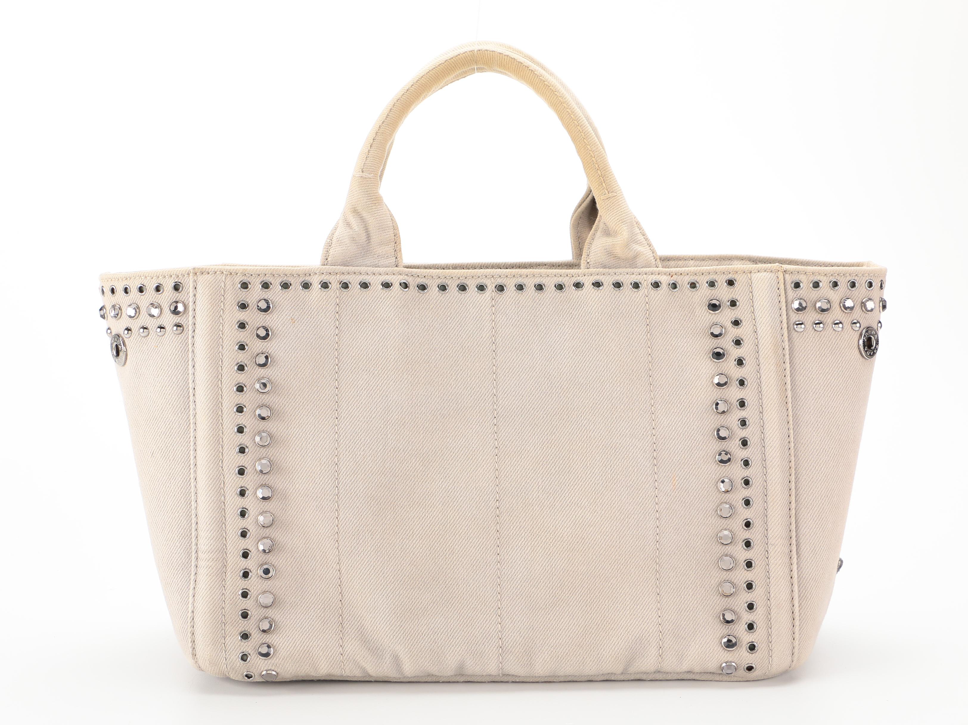 Prada Embellished Beige Denim Tote Bag