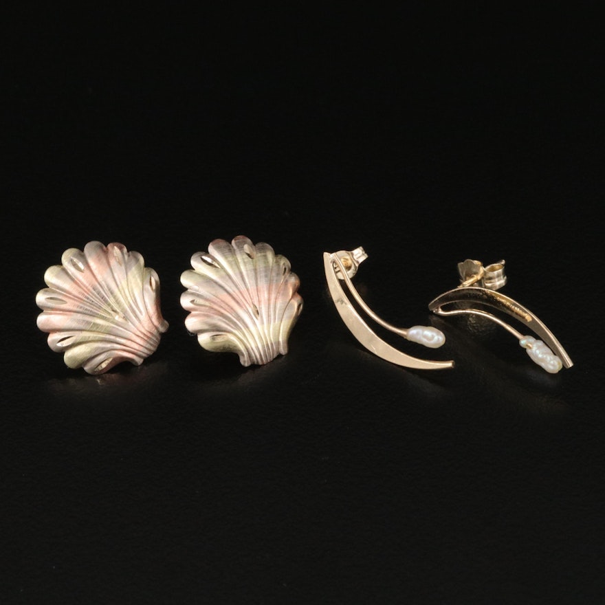 14K Pearl and Tri-Color Scallop Shell Earrings