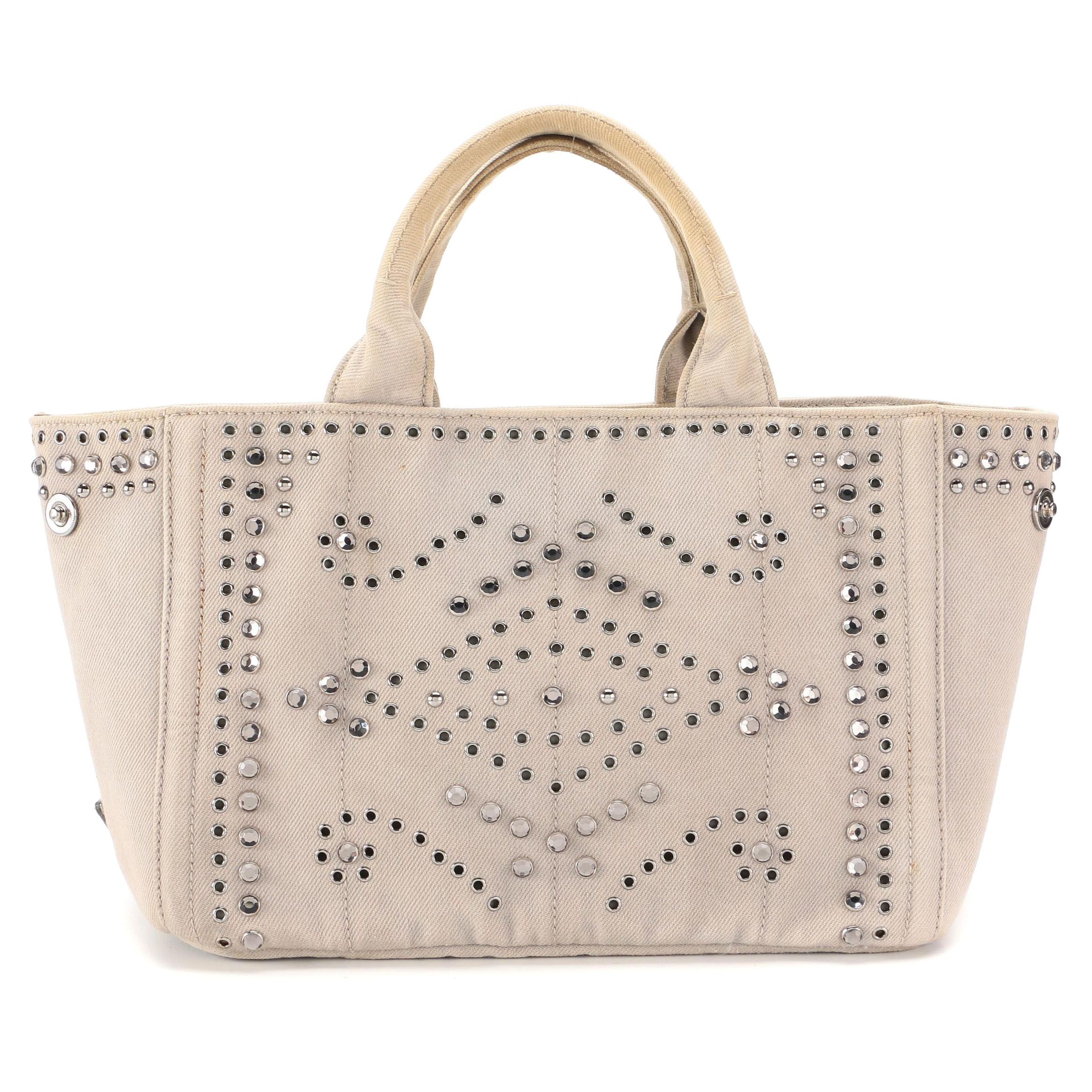 Prada Embellished Beige Denim Tote Bag