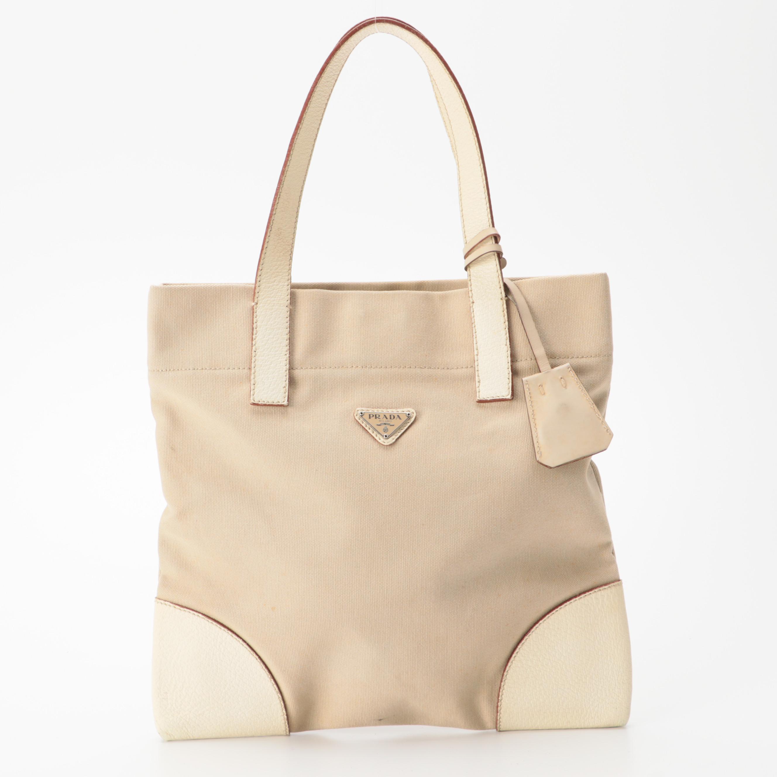 Prada Canvas Tote with Ivory Grained Leather