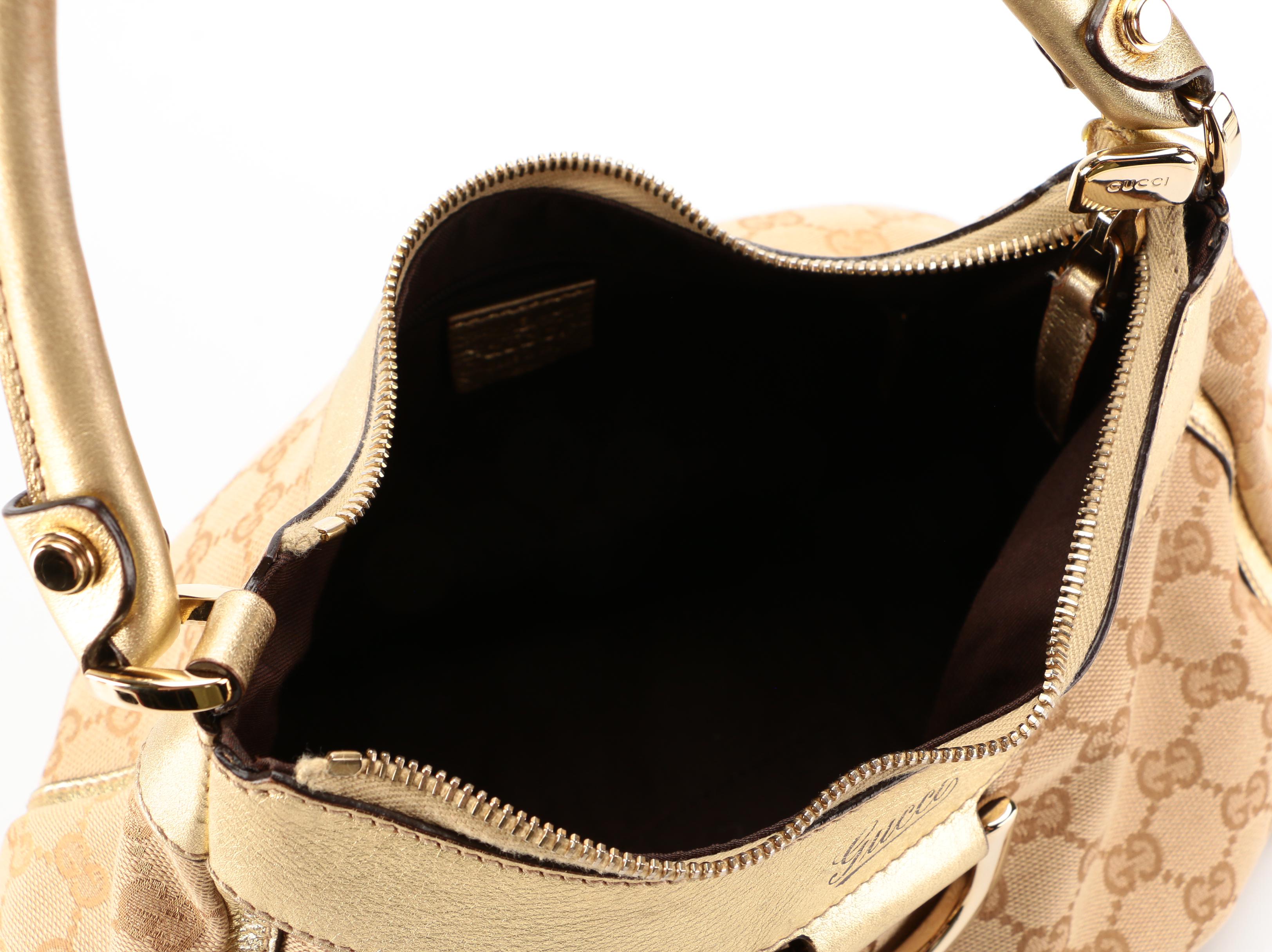 Gucci Abbey D-Ring Hobo Bag in GG Canvas and Gold Metallic Leather