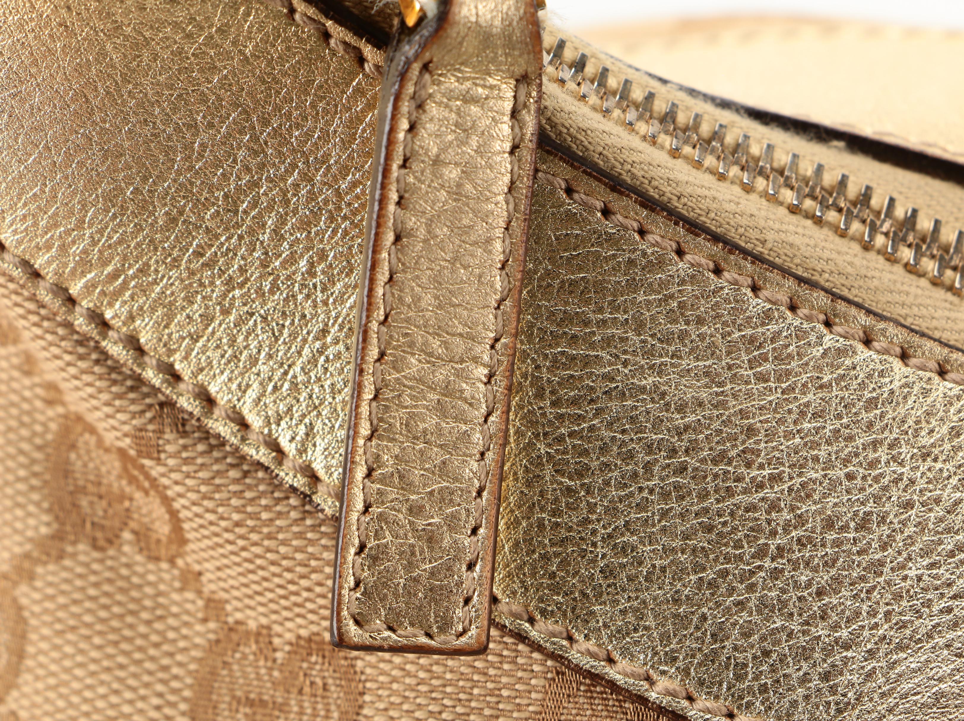 Gucci Abbey D-Ring Hobo Bag in GG Canvas and Gold Metallic Leather