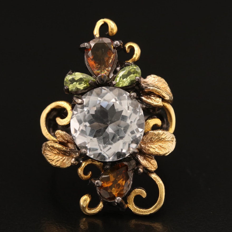 Sterling Rock Quartz Crystal, Citrine and Peridot Foliate Ring