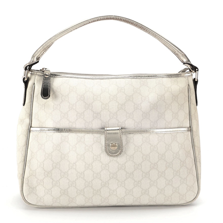 Gucci Joy Hobo Bag in GG Supreme Canvas with Platinum Metallic Leather Trim