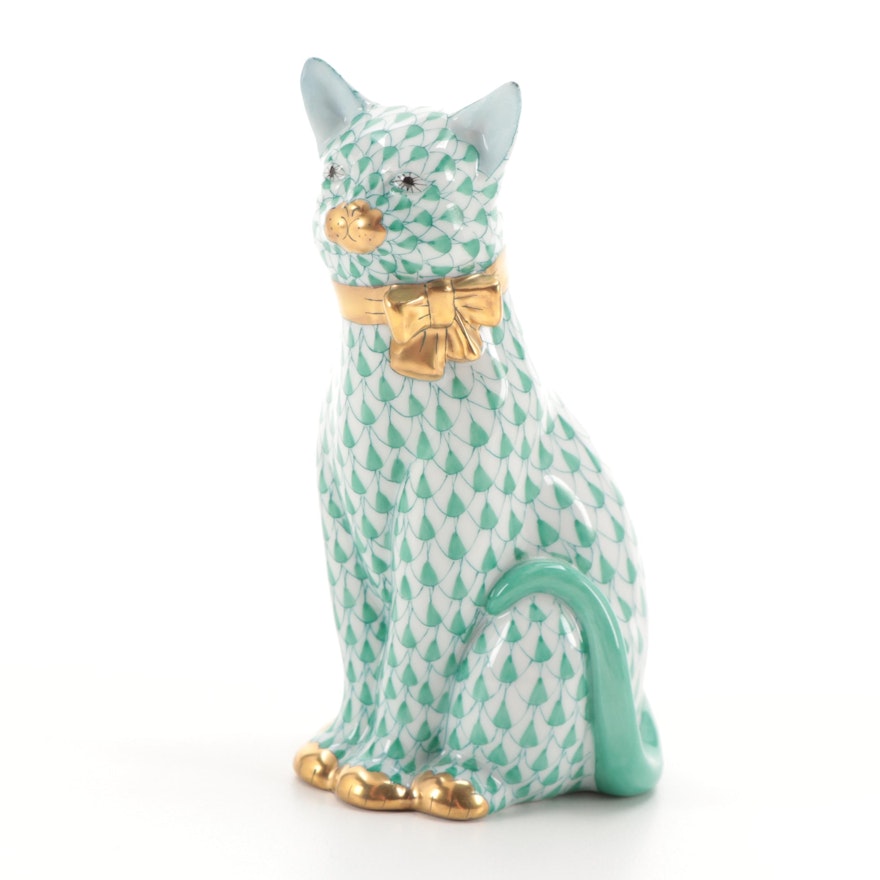 Herend Green Fishnet with Gold "Cat with Ribbon" Porcelain Figurine, 1992