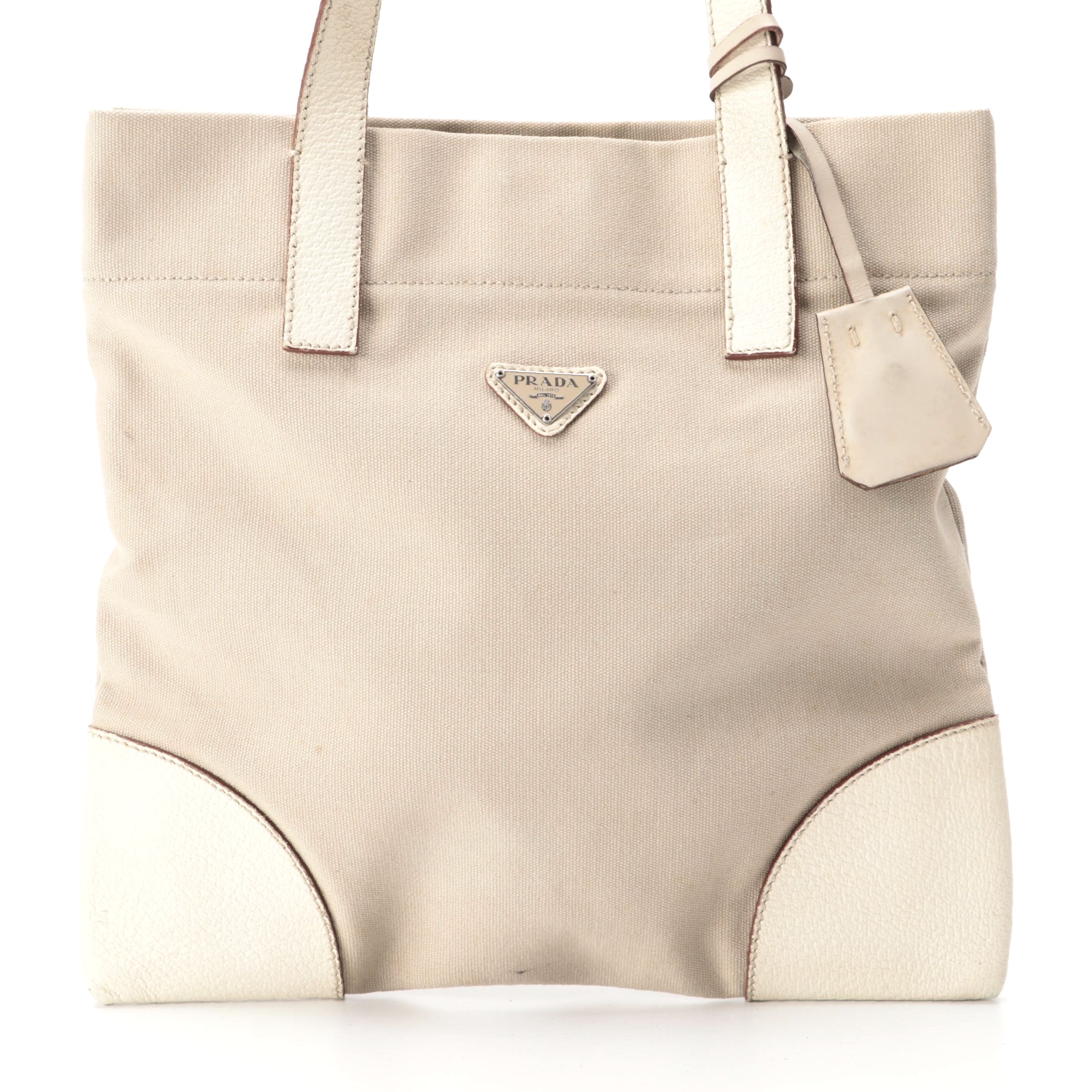 Prada Canvas Tote with Ivory Grained Leather