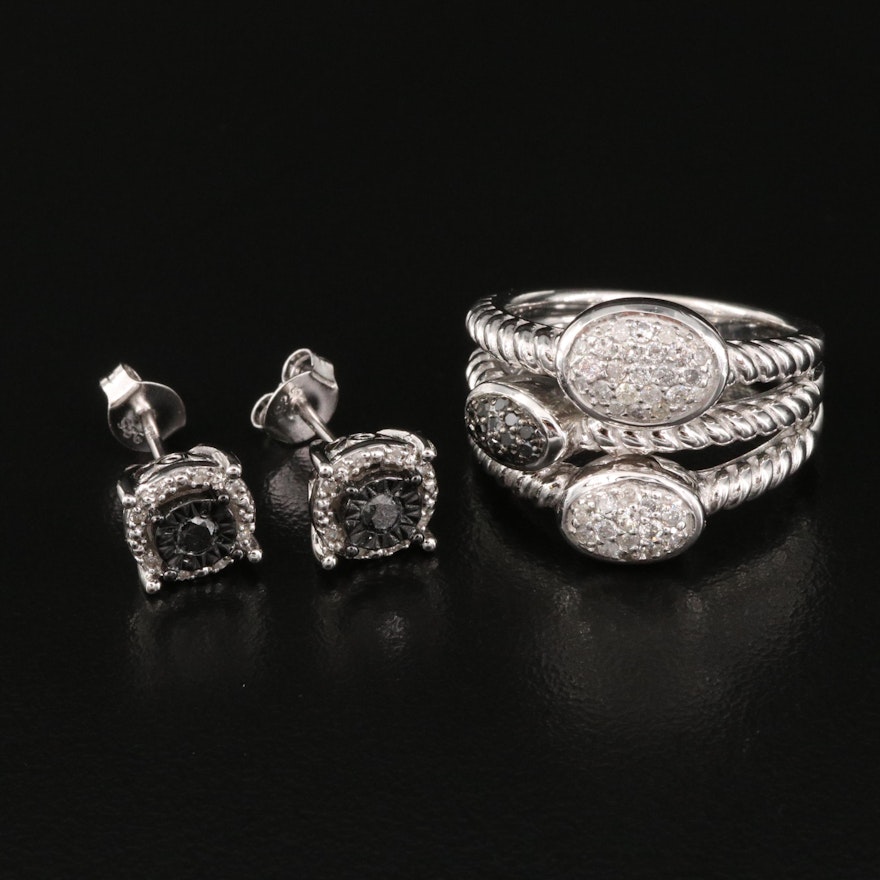 Sterling Silver Diamond Ring and Stud Earrings