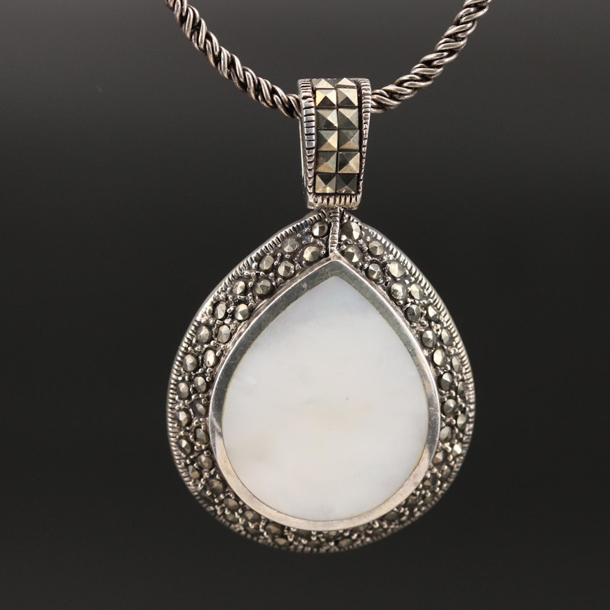 Sterling Mother of Pearl and Marcasite Teardrop Pendant Necklace