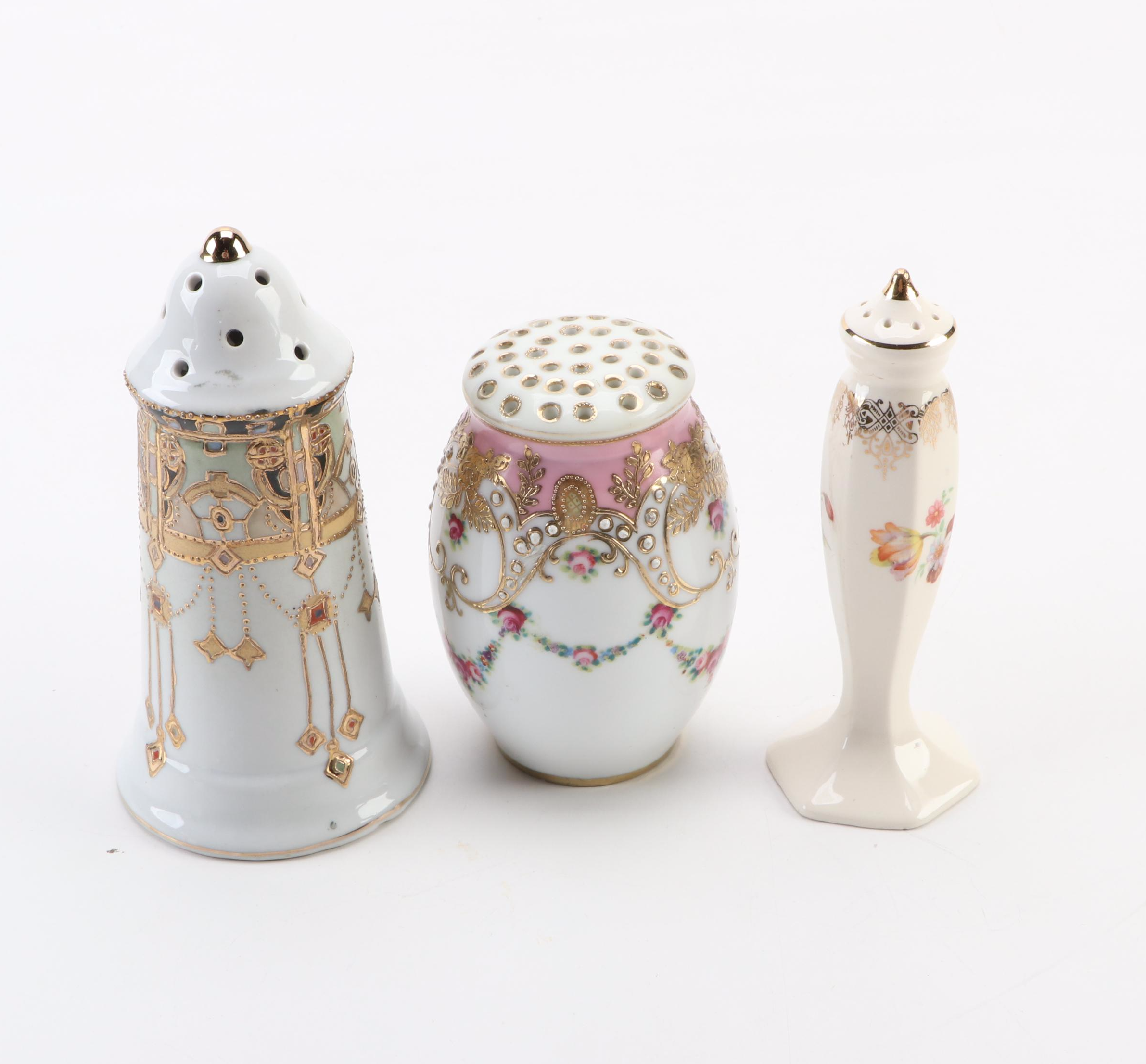 Victorian Porcelain Hat Pin Holders and Shakers with Metal and Resin Hat Pins