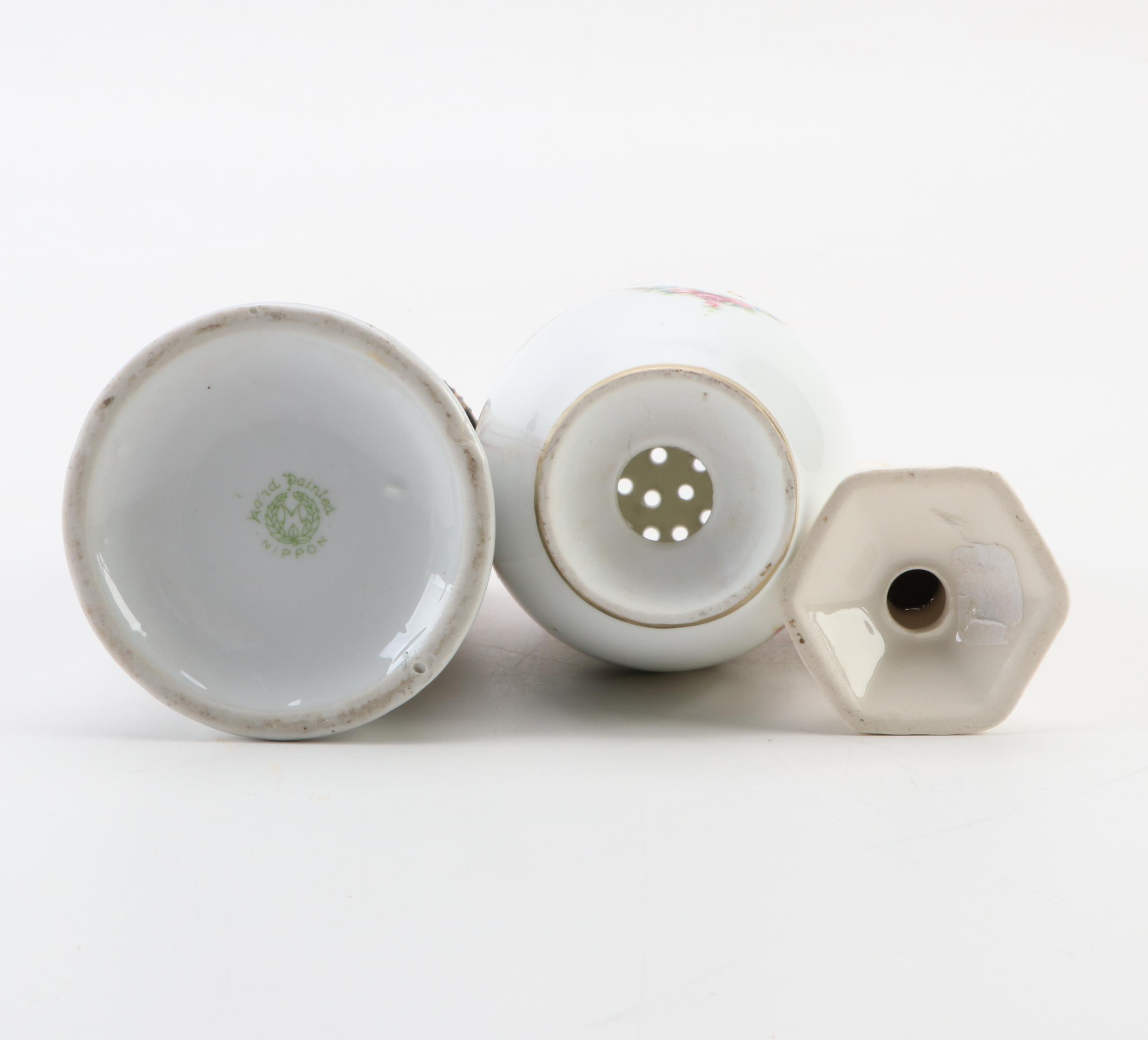 Victorian Porcelain Hat Pin Holders and Shakers with Metal and Resin Hat Pins