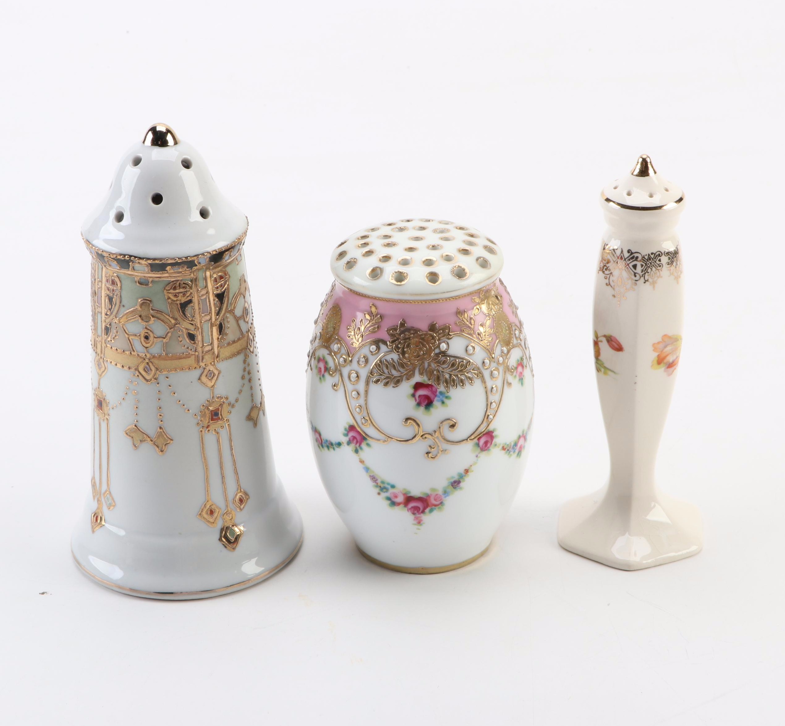 Victorian Porcelain Hat Pin Holders and Shakers with Metal and Resin Hat Pins