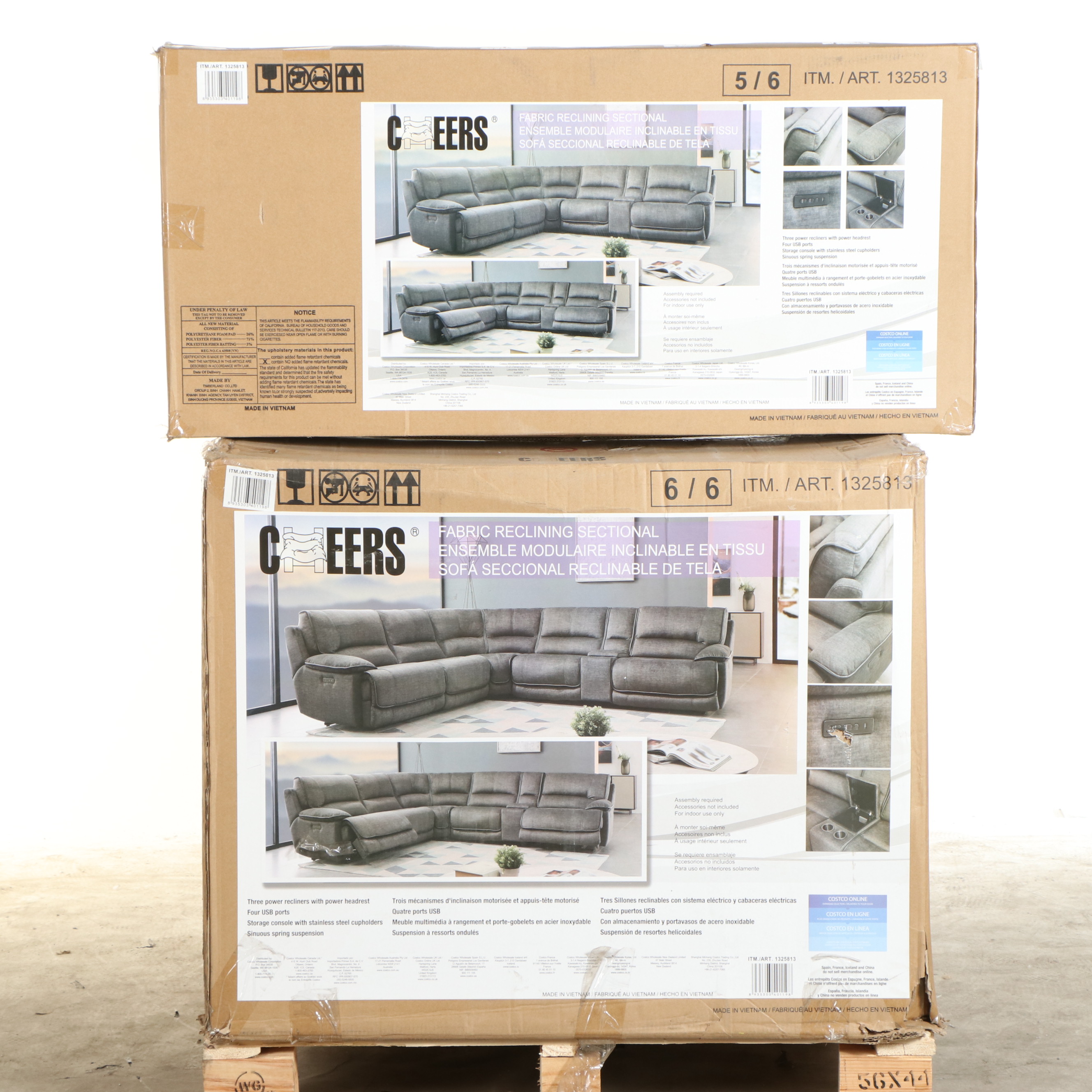 Cheers "Redding" Six-Piece Fabric Power Reclining Sectional with Power Headrest