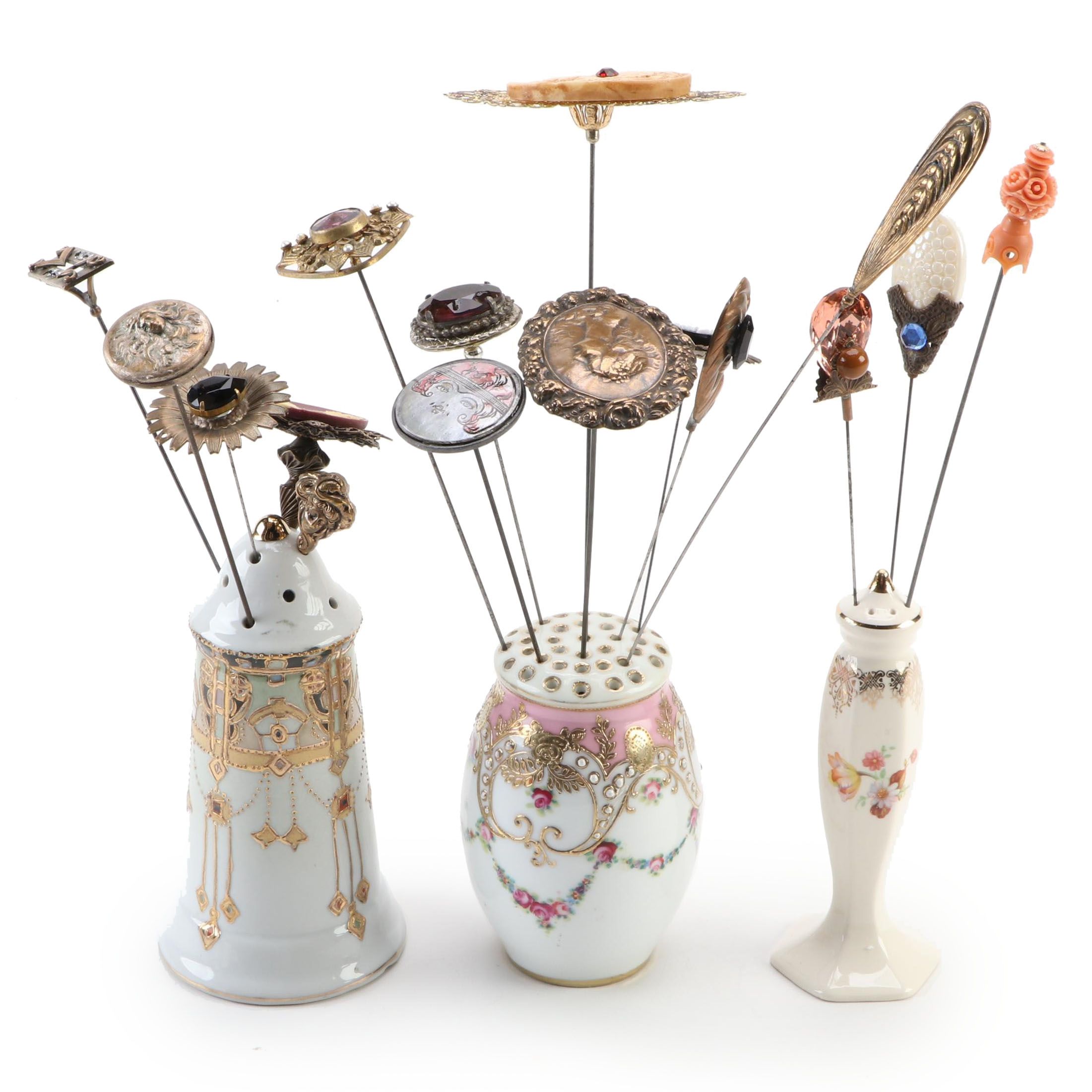 Victorian Porcelain Hat Pin Holders and Shakers with Metal and Resin Hat Pins