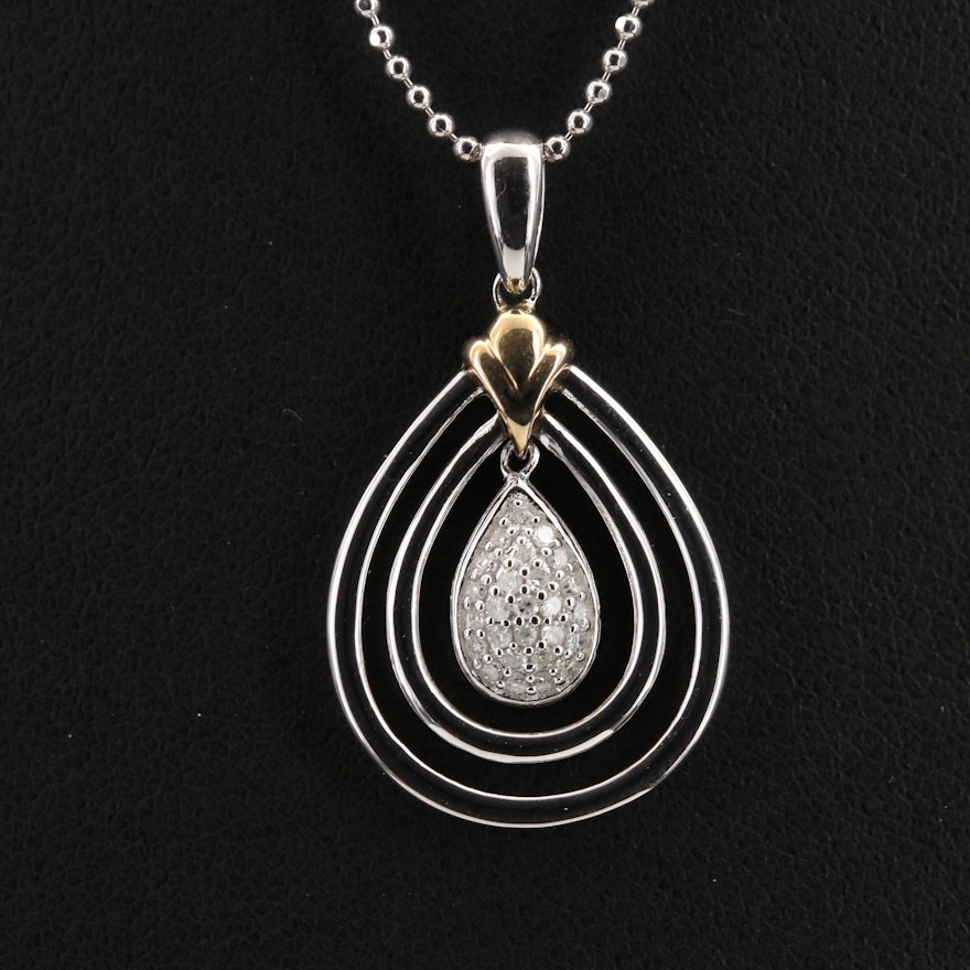 Sterling Silver Diamond Teardrop Pendant Necklace with 14K Accent