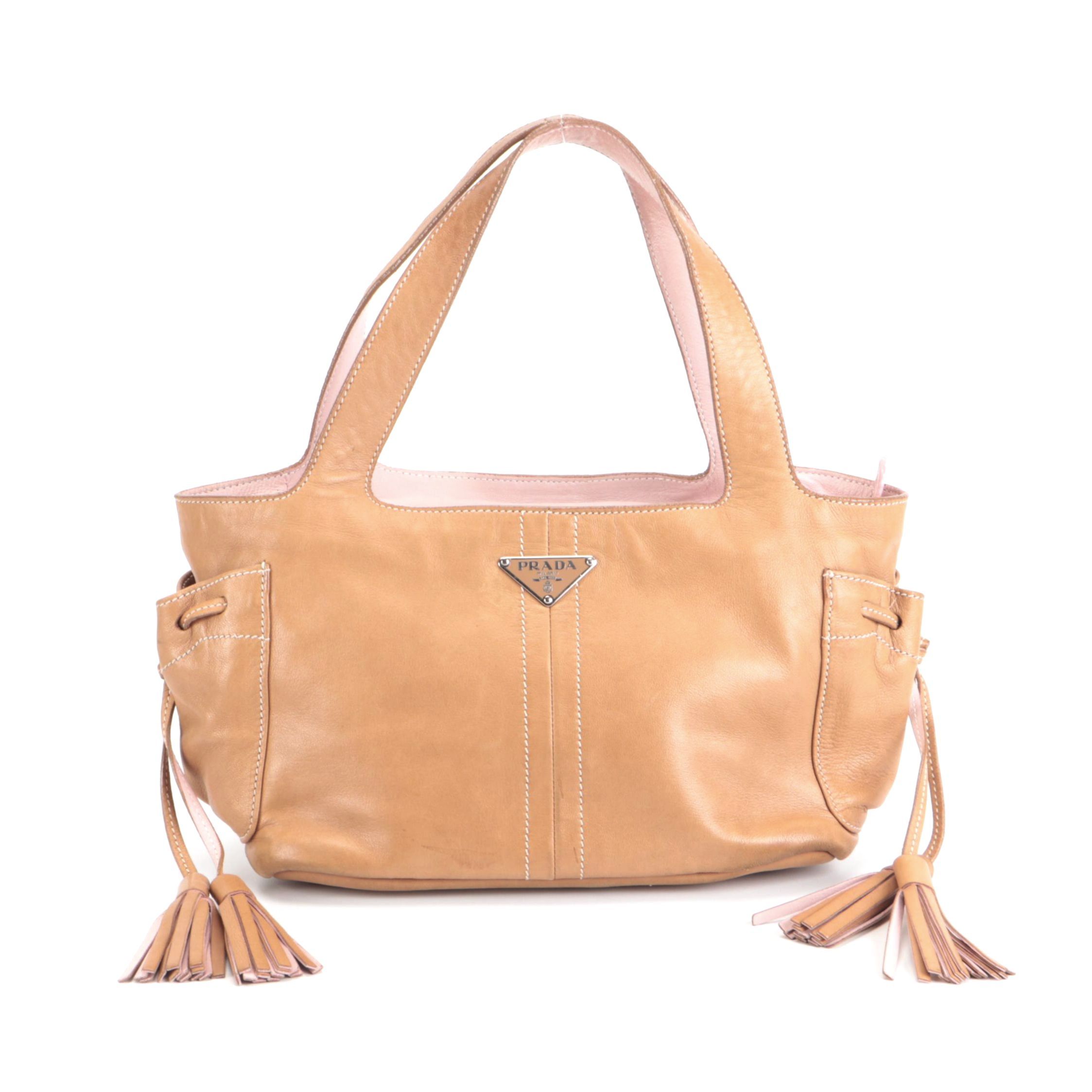 Prada Small Shoulder Bag in Light Brown Lambskin Leather with Tassels