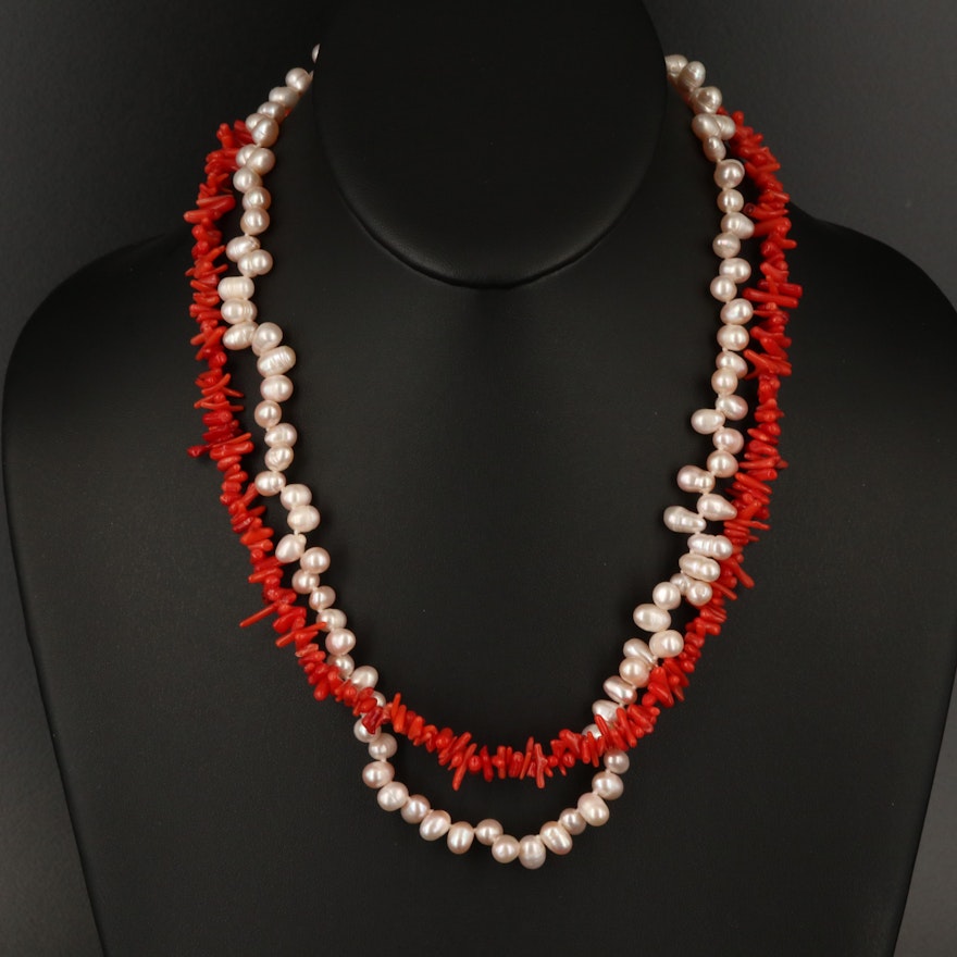 Sterling Pearl and Coral Double Strand Necklace