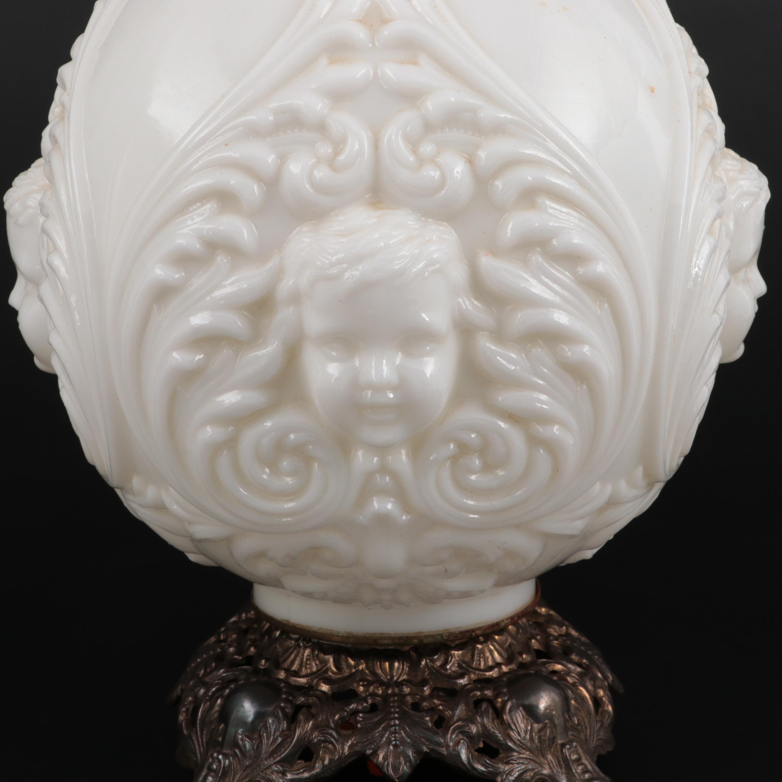Victorian Milk Glass Double Globe Cherub Face Converted Parlor Oil Lamp