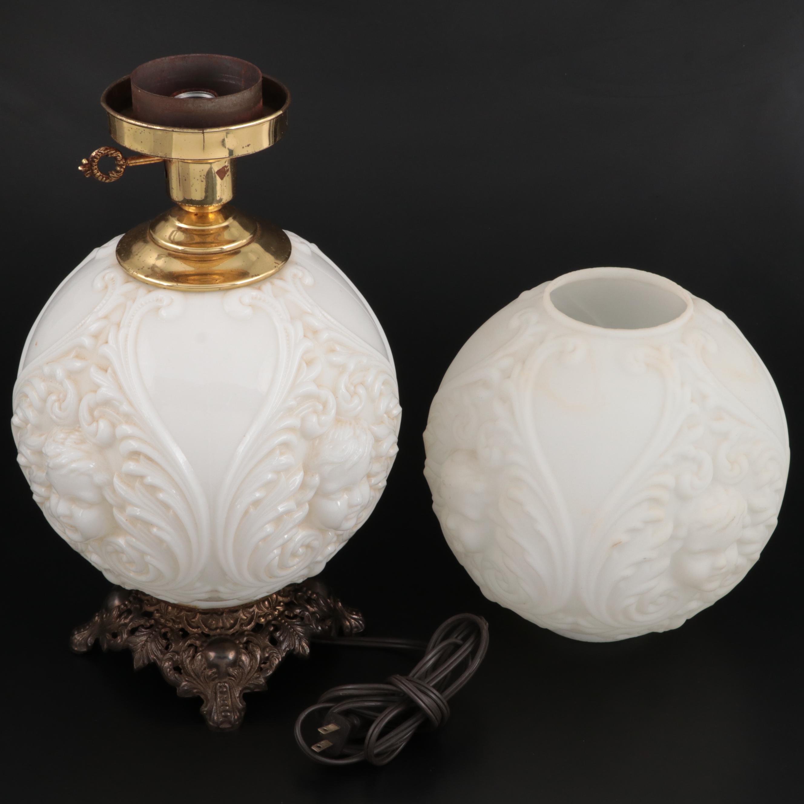Victorian Milk Glass Double Globe Cherub Face Converted Parlor Oil Lamp