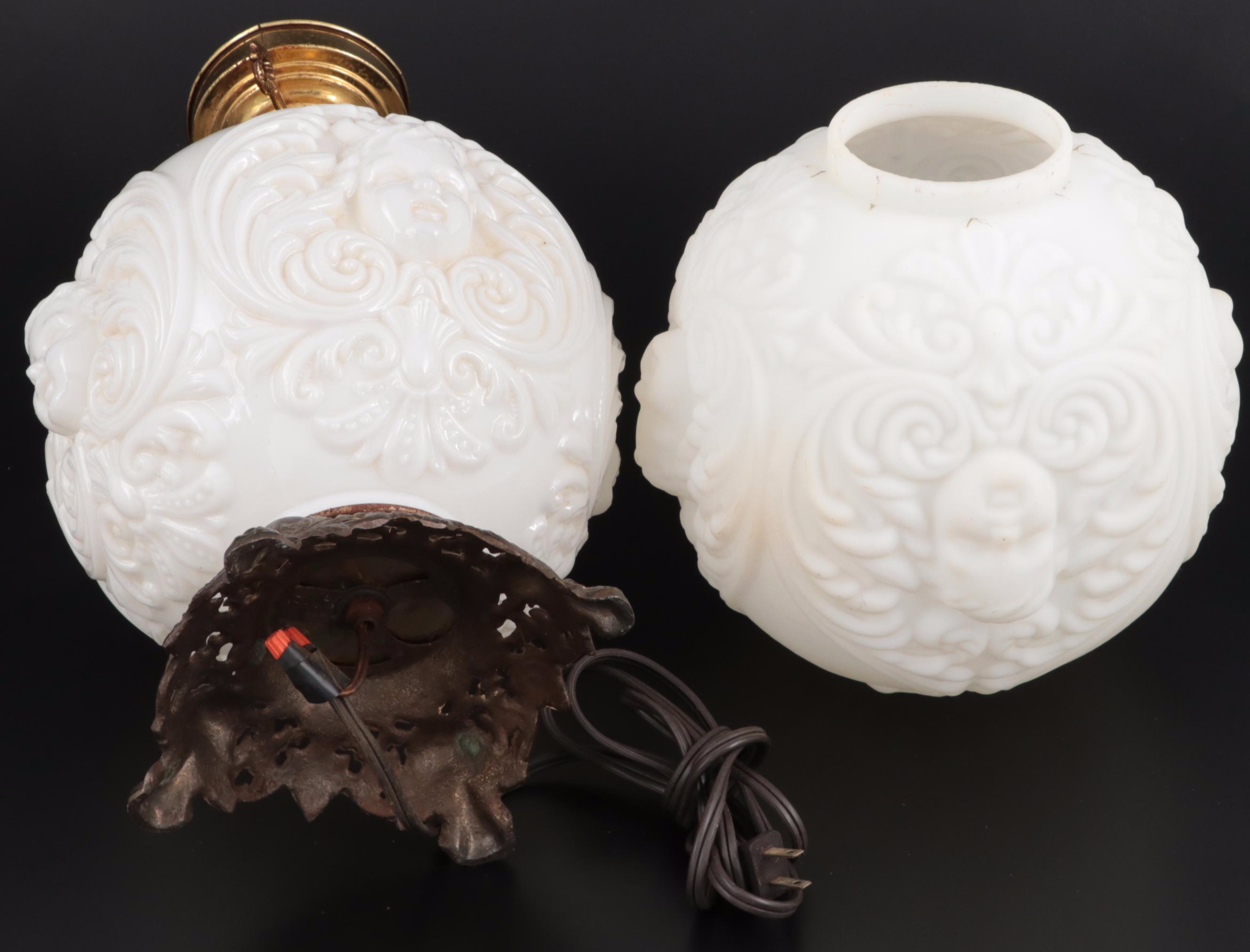 Victorian Milk Glass Double Globe Cherub Face Converted Parlor Oil Lamp