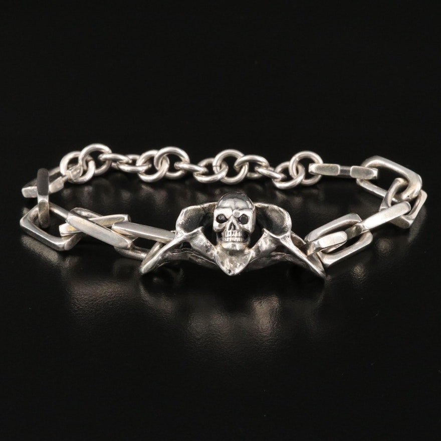 Sterling Silver Black Diamond Skull Bracelet