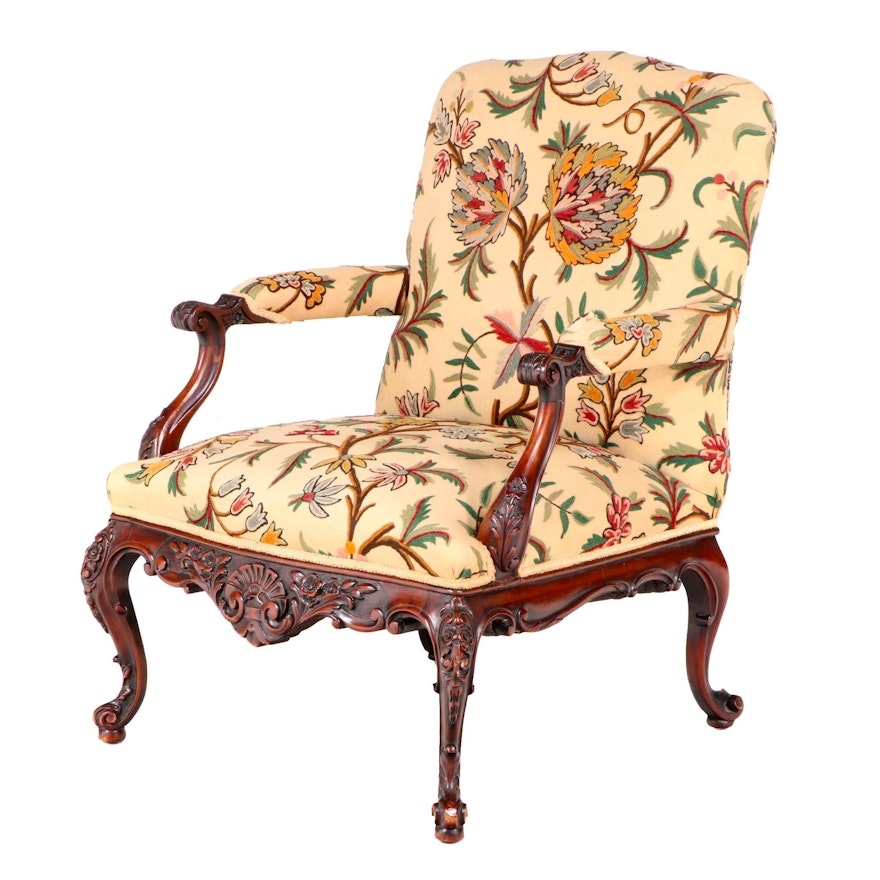 George II Carved Mahogany and Crewelwork Library Armchair, Mid-18th Century