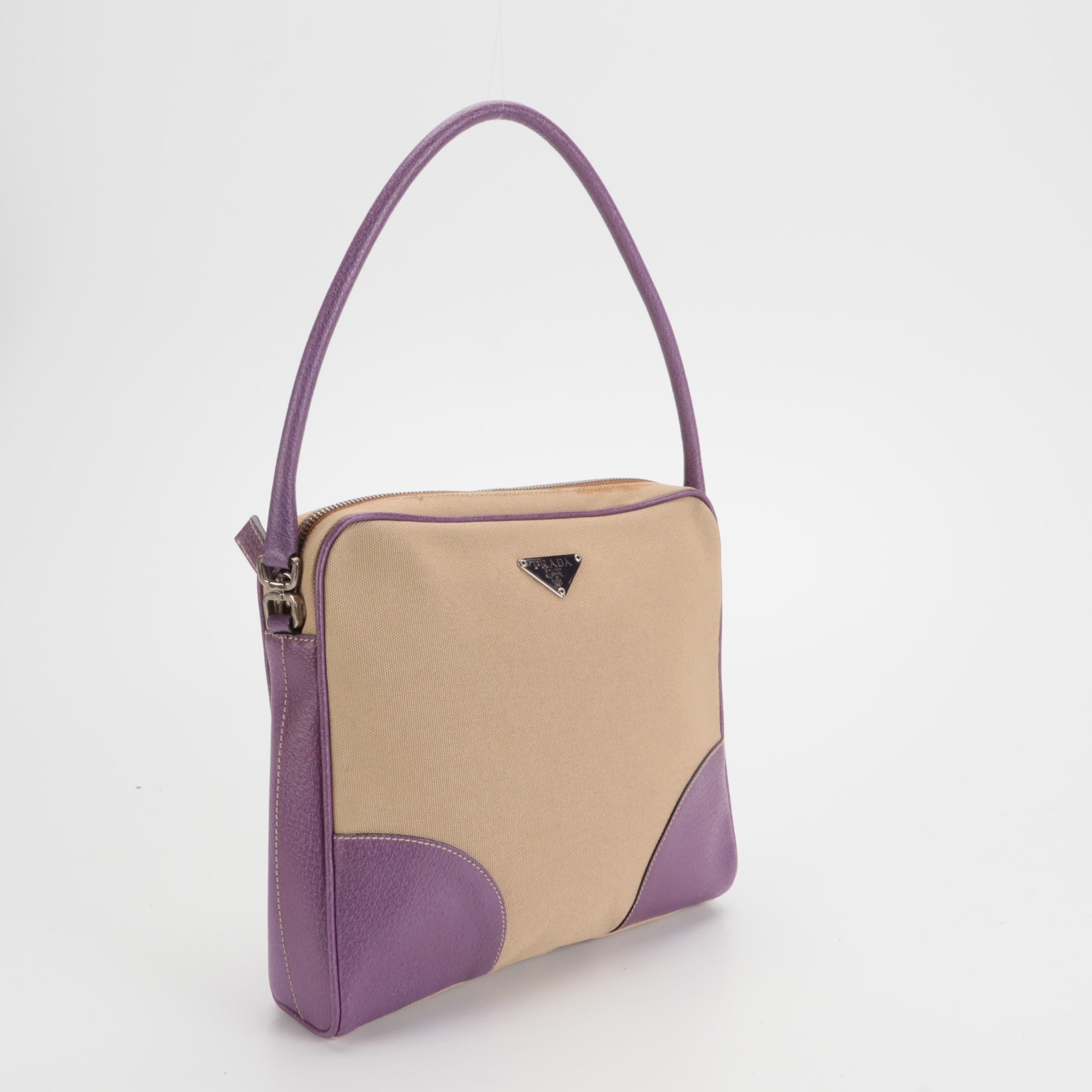 Prada Canvas and Purple Leather Shoulder Bag