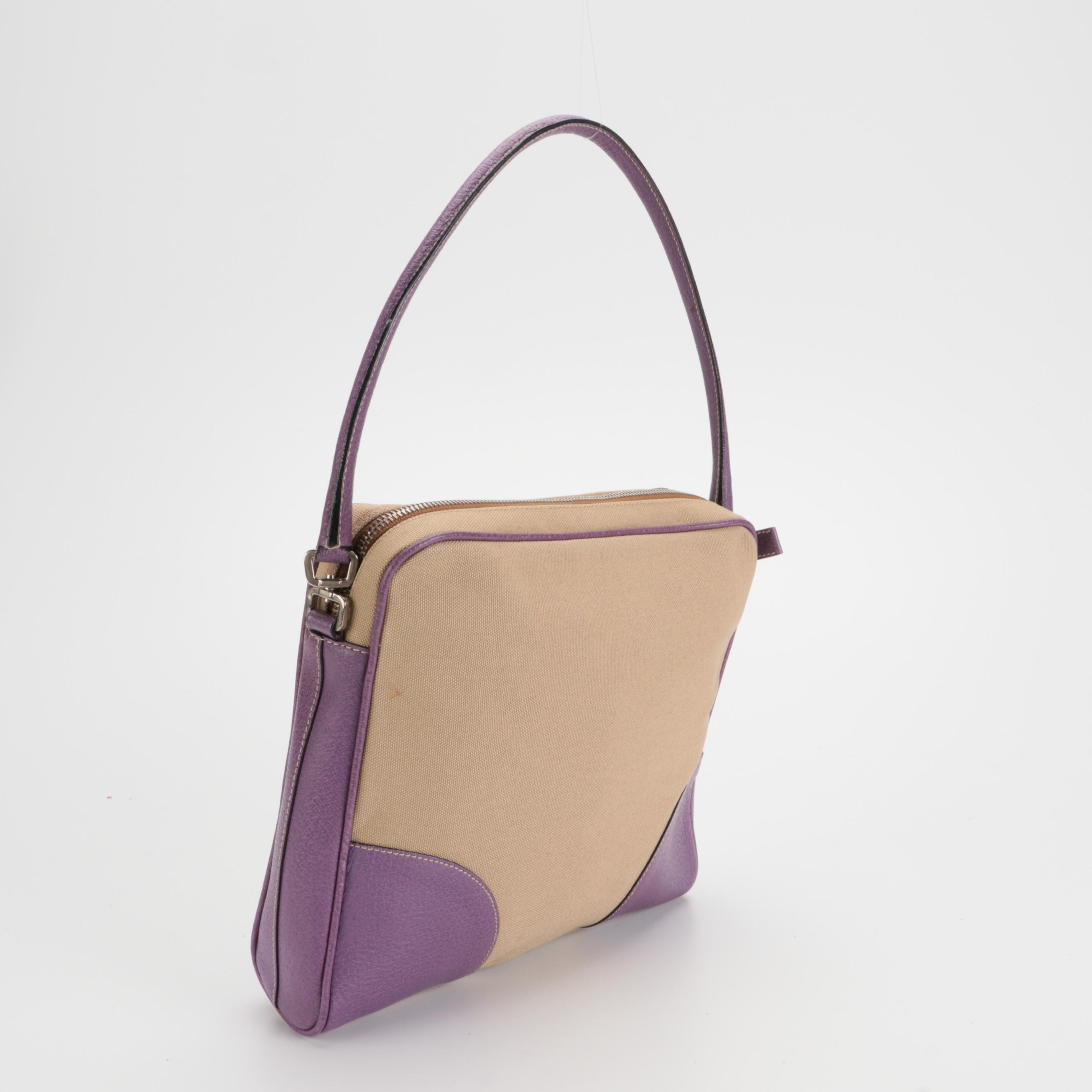 Prada Canvas and Purple Leather Shoulder Bag
