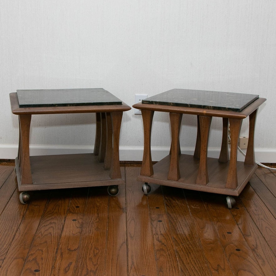 Pair of Mid Century Modern Wood and Marble Top Side Tables on Casters