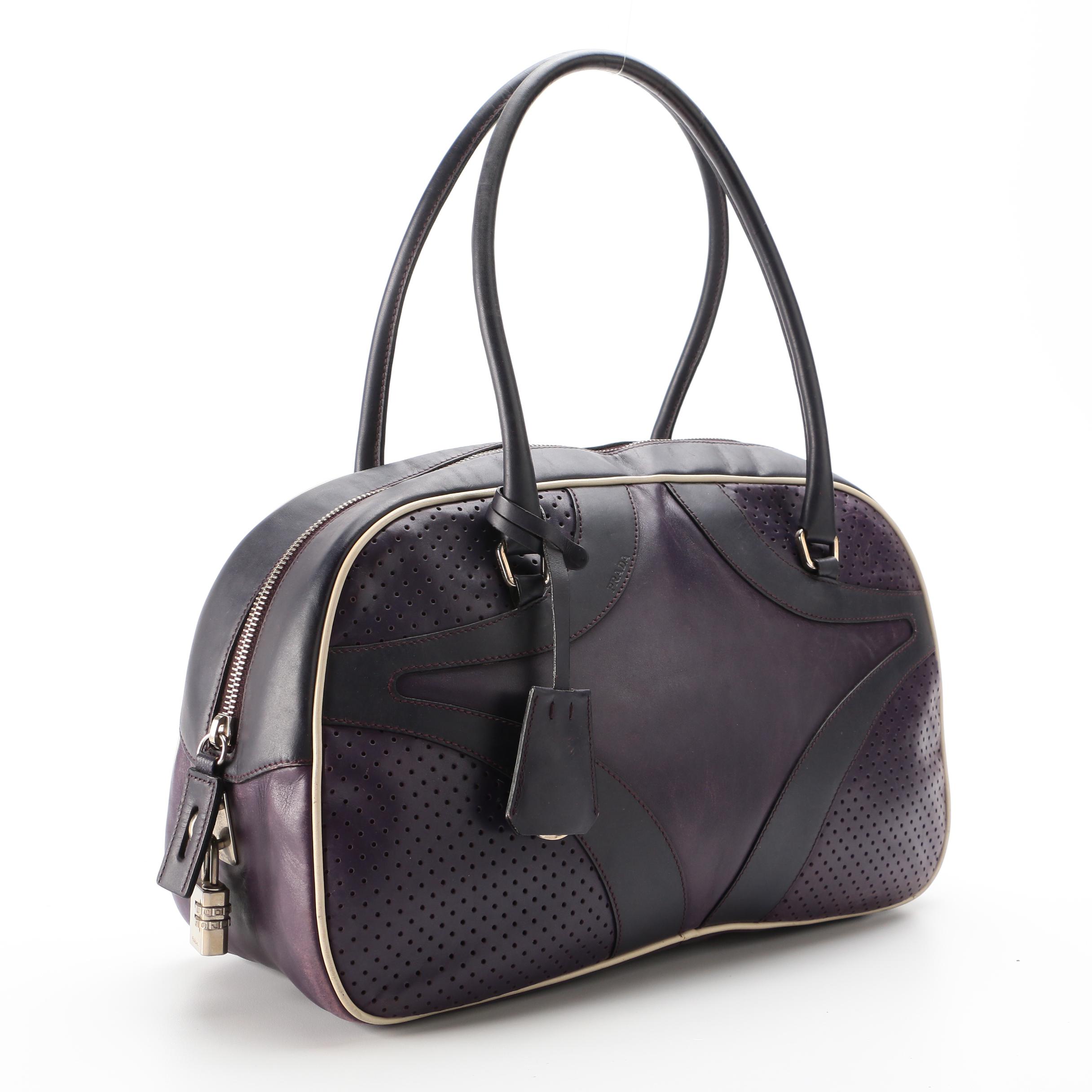 Prada Perforated Purple Leather Bowler Style Bag