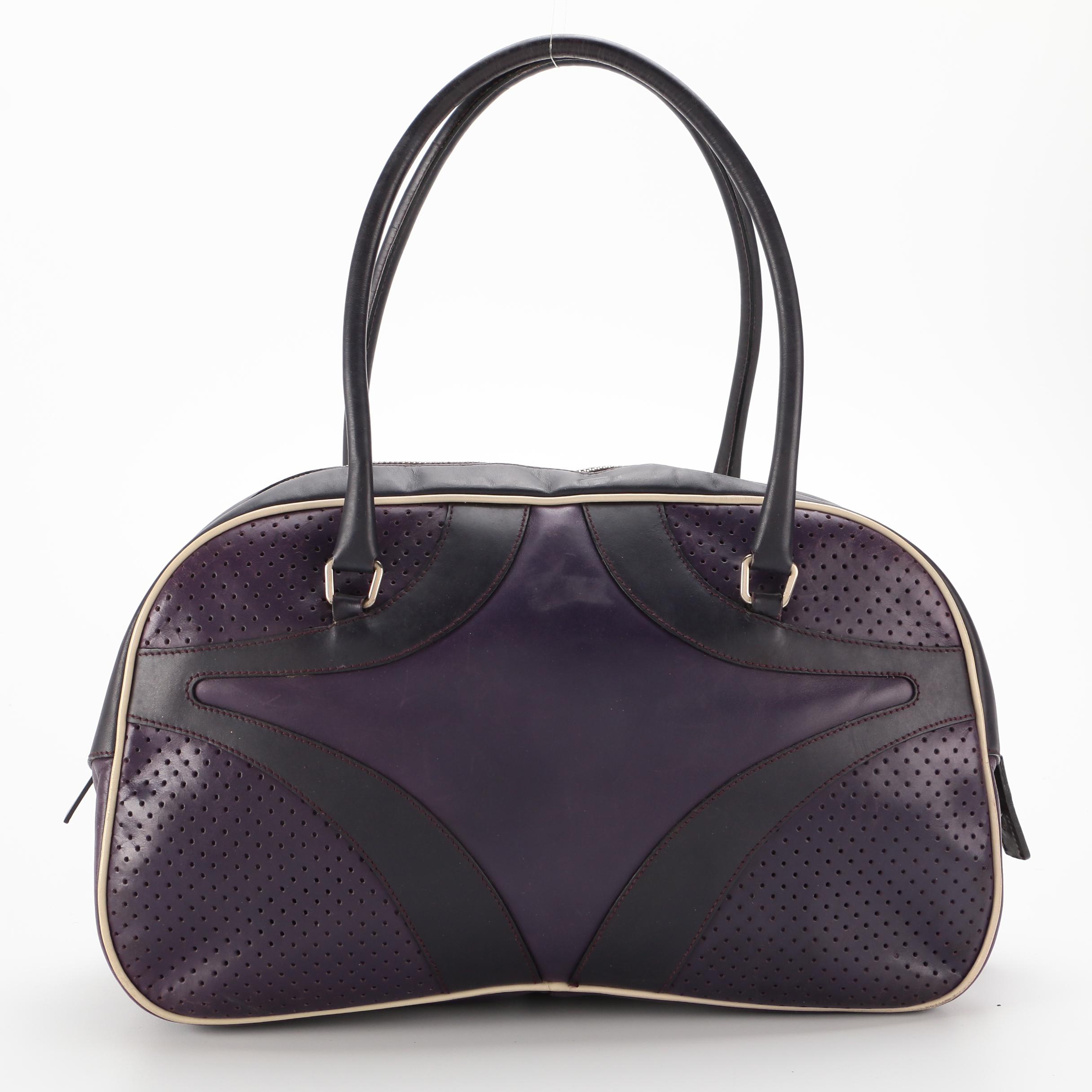 Prada Perforated Purple Leather Bowler Style Bag